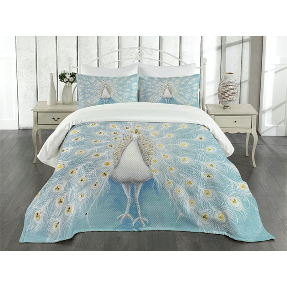 Ambesonne Peacock Quilted Bedspread Set 3 Pcs, Nature Ornate, King Size, Yellow Pale Blue