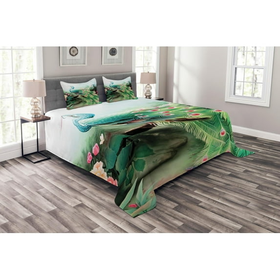 Ambesonne Peacock Quilted Bedspread Set 3 Pcs, Summer Flower Garden, King Size, Green Fuchsia