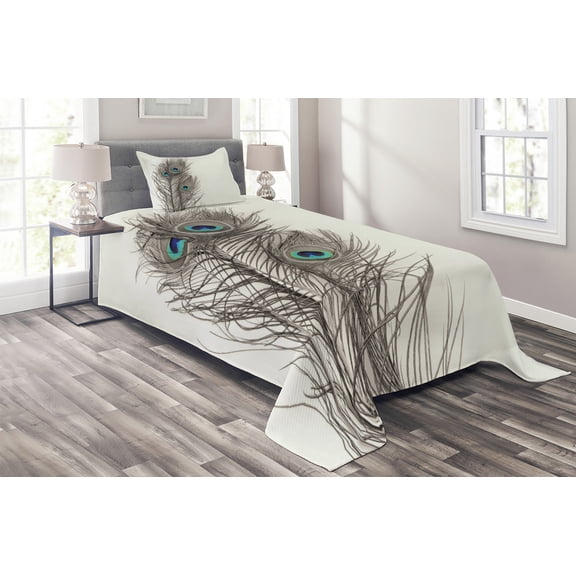 Ambesonne Peacock Quilted Coverlet 2 Pcs, Feathers of Exotic Bird, Twin Size, White Taupe and Blue