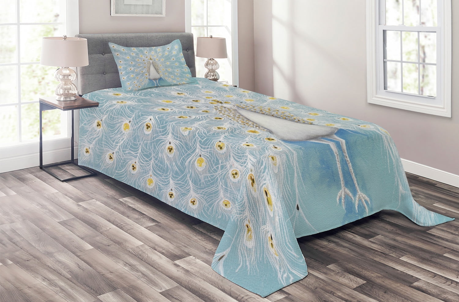 Twin White Microfiber Quilted Peacock Bedspread Set