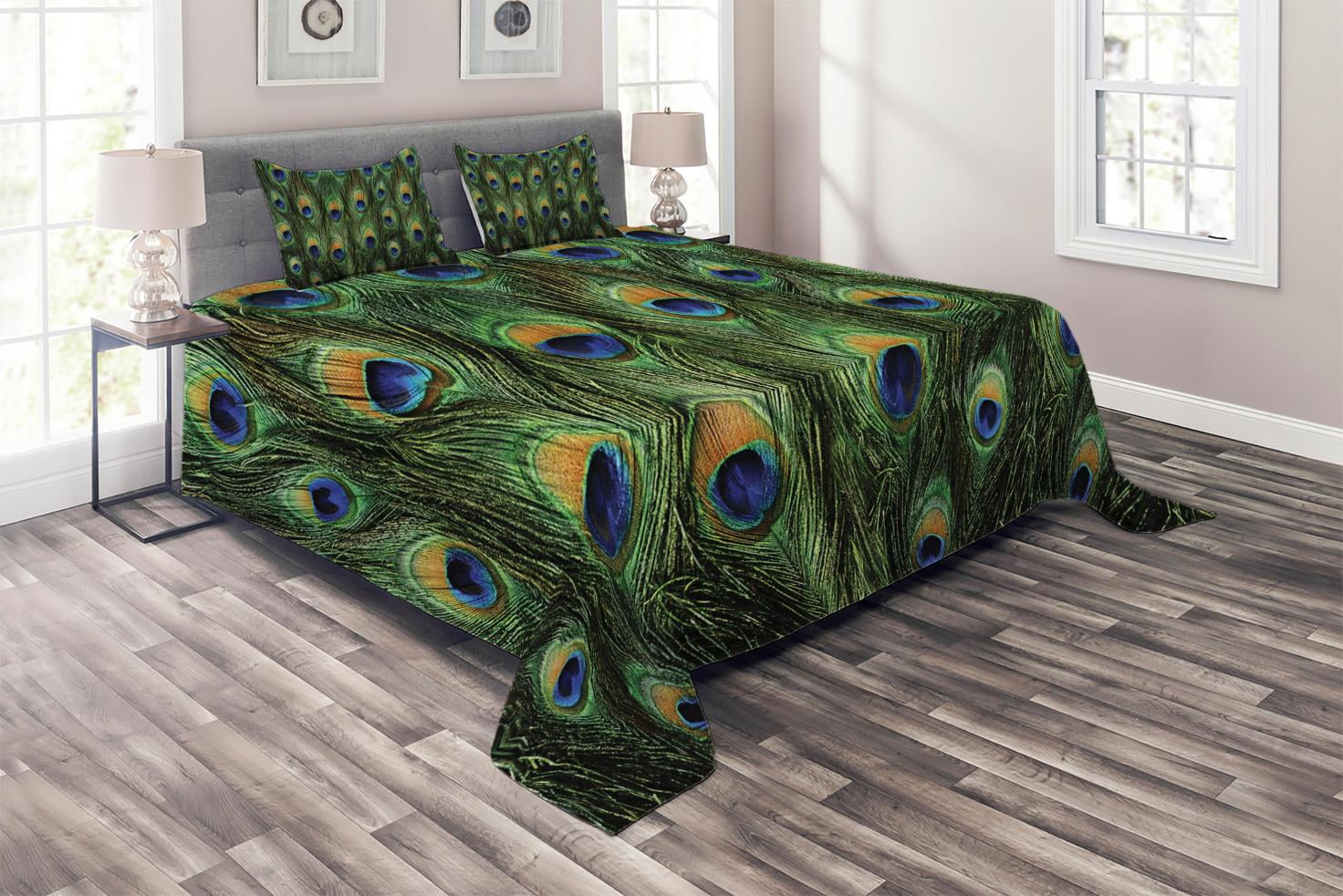 King Size Green Peacock Feather Quilted Bedspread Set