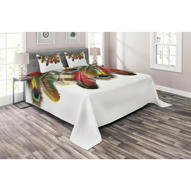 Ambesonne Peacock Quilted Coverlet 3 Pcs, Vibrant Feathers Boho, Queen Size, Multicolor