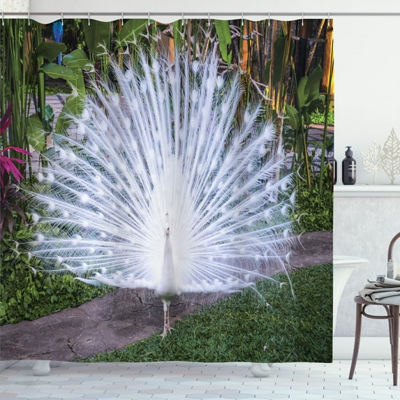 Ambesonne Peacock Shower Curtain, Tropical Garden Feather, 69"Wx70"L, White Green