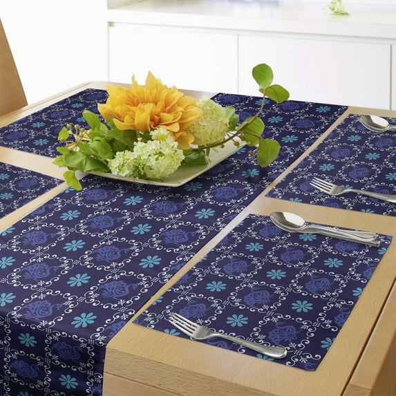 Ambesonne Peacock Table Runner & Placemats, Oriental Animal Feathers, Placemat 4 pcs + Runner 14"x90", Indigo Sea Blue