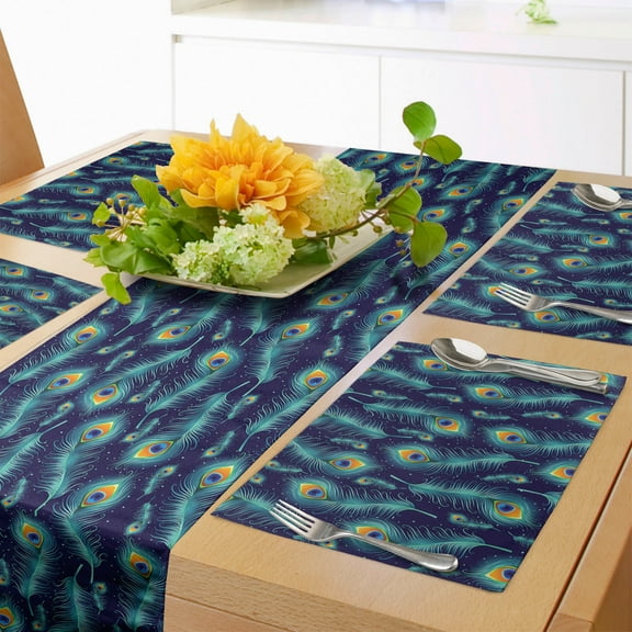 Ambesonne Peacock Table Runner & Placemats, Peacock Bird Feathers, Placemat 4 pcs + Runner 16"x72", Navy Blue Orange