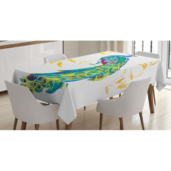 Ambesonne Peacock Tablecloth Rectangular Table Cover, Floral Watercolors Art, 60"x84", Multicolor