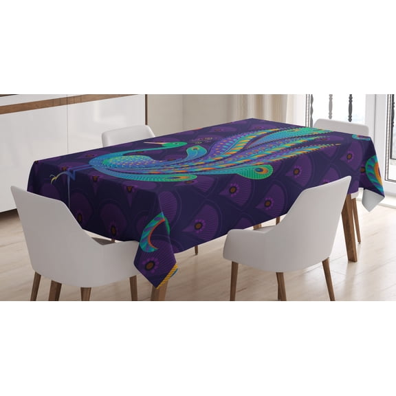 Ambesonne Peacock Tablecloth Rectangular Table Cover, Oriental Bird Feather, 60"x84", Purple Green and Blue