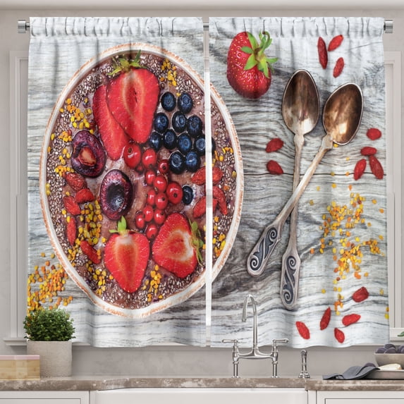 Ambesonne Peanut Butter Kitchen Curtains, Breakfast Foods Bowl, 55"x39", Multicolor