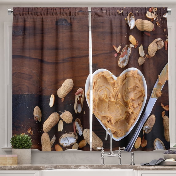 Ambesonne Peanut Butter Kitchen Curtains, Wooden Vintage Table, 55"x39", Brown Pale Brown Grey