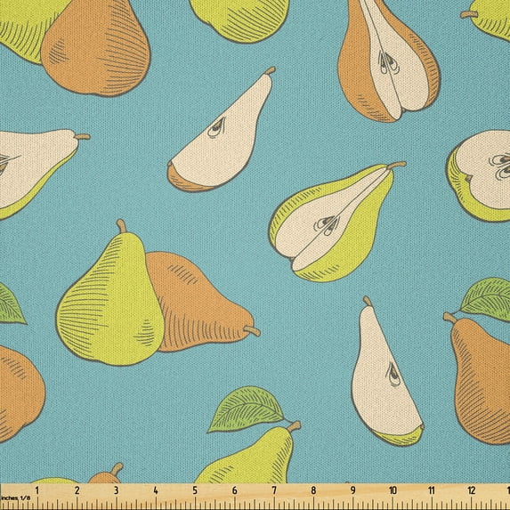 Ambesonne Pear Fabric by the Yard Microfiber, Colorful Sketchy Fruit Sliced, 3 Yards, Teal Apricot
