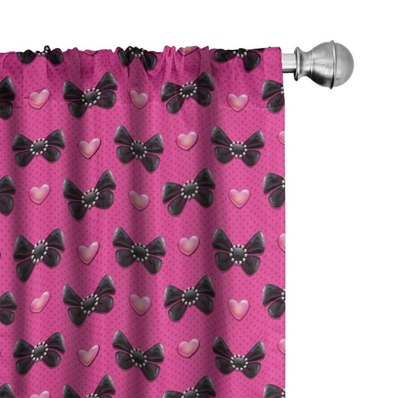 Ambesonne Pearls Curtains, Bow Ties with Hearts, Pair of 28"x84", Pink Black
