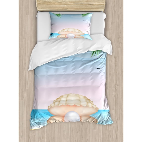 Ambesonne Pearls Duvet Cover Sets, Shell on Sandy Beach, 2-Twin, Cream Blue