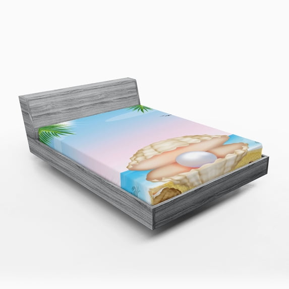 Ambesonne Pearls Fitted Sheet, Shell on Sandy Beach, Full Size, Cream Blue