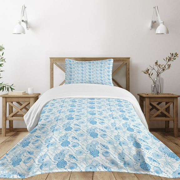 Ambesonne Pearls Quilted Bedspread Set 2 Pcs, Seashells Marine Motifs, Twin Size, Blue White