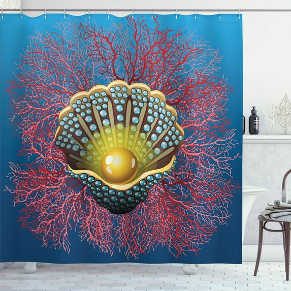 Ambesonne Pearls Shower Curtain, Coral Nautical Art, 69"Wx84"L, Blue Red Yellow