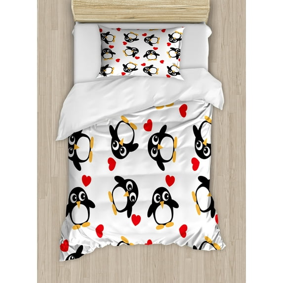 Ambesonne Penguin Duvet Cover Sets, Romance Heart Shape, 2-Twin, Mustard White Black
