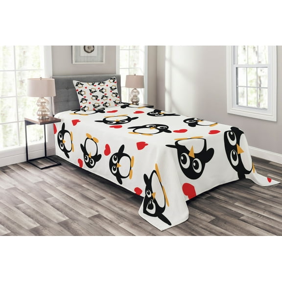 Ambesonne Penguin Quilted Bedspread Set 2 Pcs, Romance Heart Shape, Twin Size, Mustard White Black