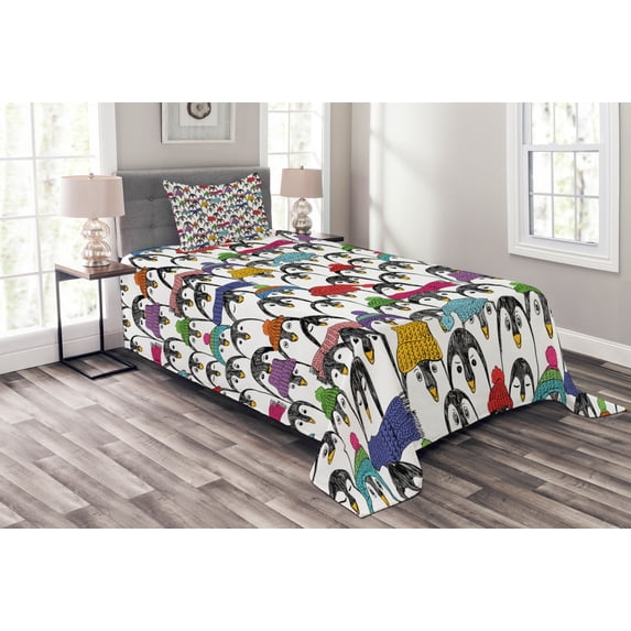 Ambesonne Penguin Quilted Bedspread Set 2 Pcs, Winter Cartoon Animal, Twin Size, Multicolor