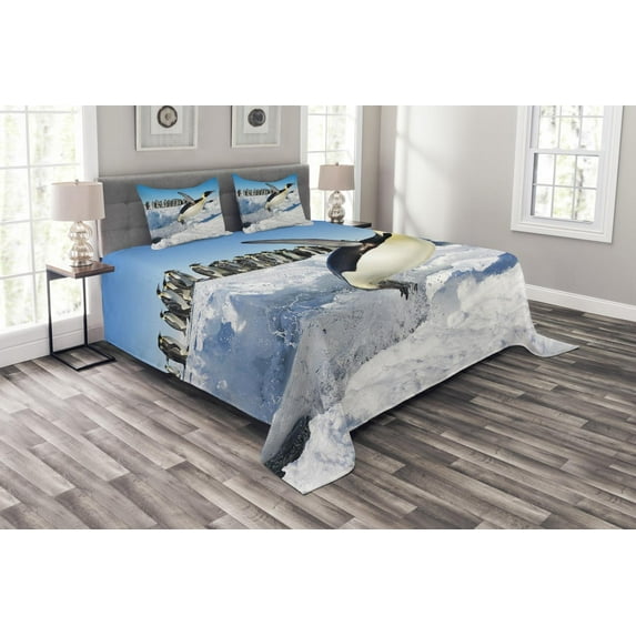 Ambesonne Penguin Quilted Bedspread Set 3 Pcs, Detailed Arctic Photo, King Size, Multicolor
