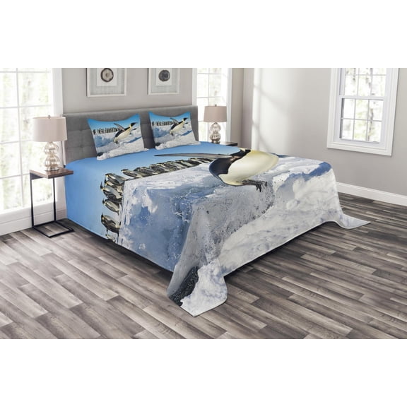 Ambesonne Penguin Quilted Bedspread Set 3 Pcs, Detailed Arctic Photo, Queen Size, Multicolor