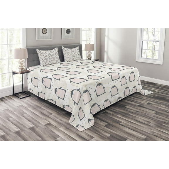 Ambesonne Penguin Quilted Bedspread Set 3 Pcs, Pastel Antarctica Birds, Queen Size, Grey Pink