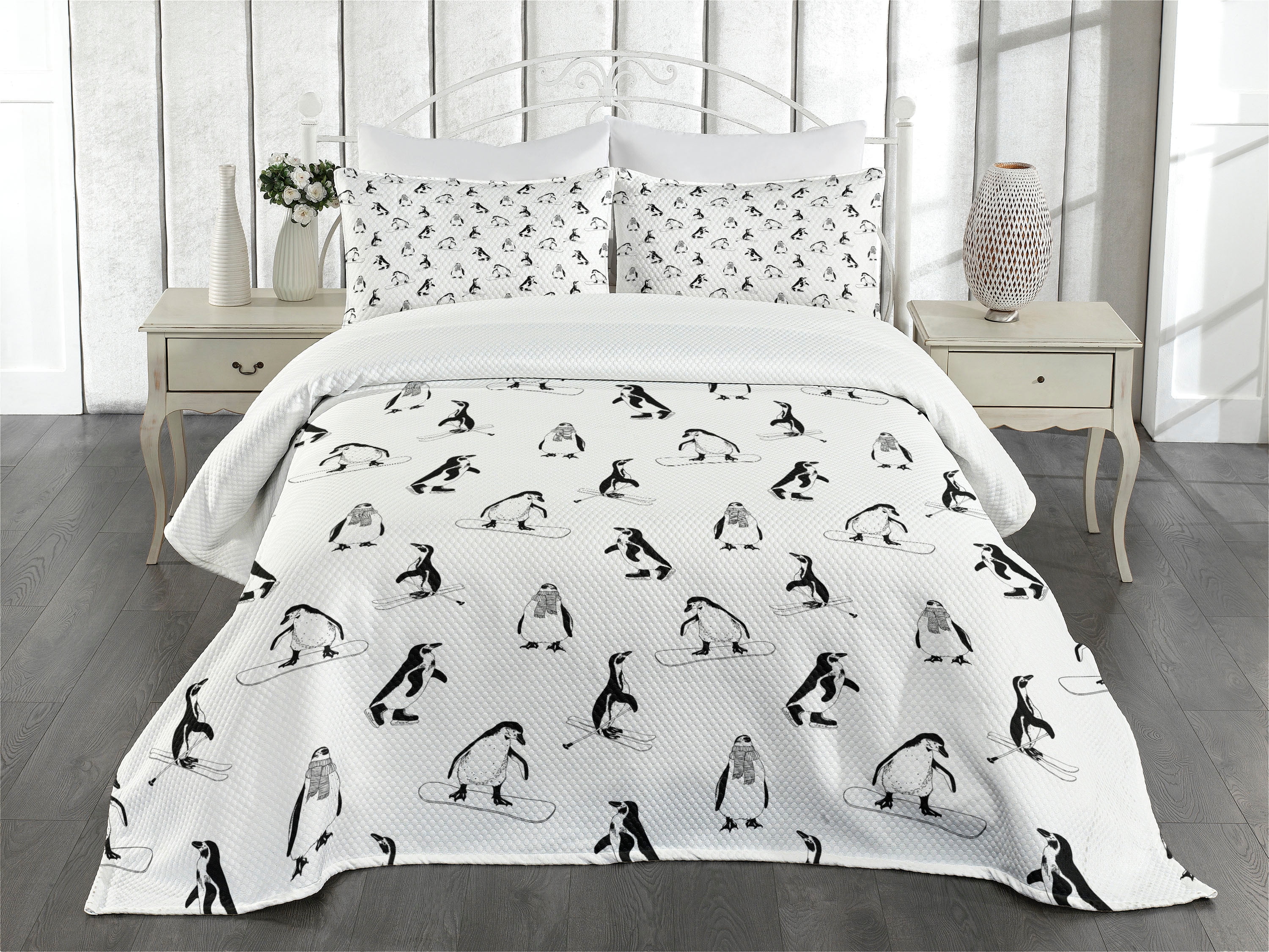 White Quilted Queen Bedspread Set with Penguin Design