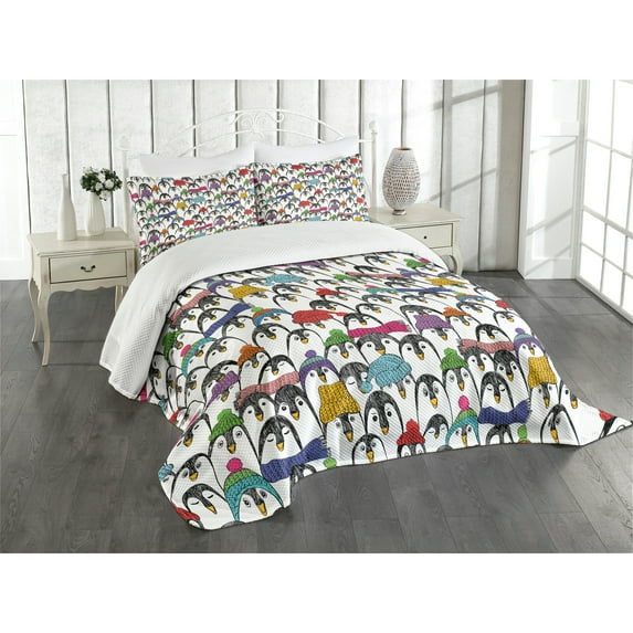 Ambesonne Penguin Quilted Bedspread Set 3 Pcs, Winter Cartoon Animal, Queen Size, Multicolor
