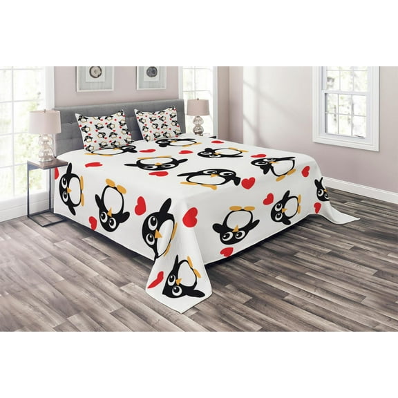 Ambesonne Penguin Quilted Coverlet 3 Pcs, Romance Heart Shape, Queen Size, Mustard White Black