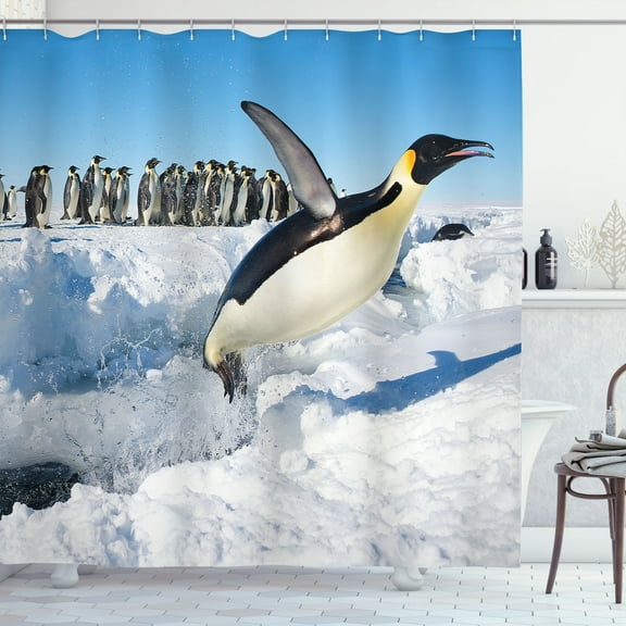 Ambesonne Penguin Shower Curtain, Detailed Arctic Photo, 69"Wx70"L, Multicolor