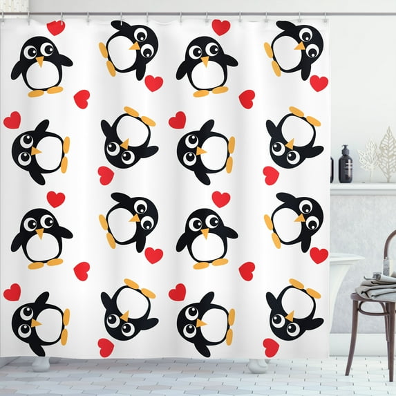 Ambesonne Penguin Shower Curtain, Romance Heart Shape, 69"Wx84"L, Mustard White Black