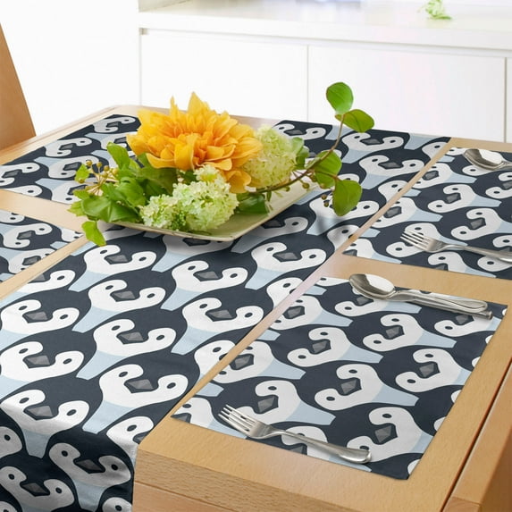 Ambesonne Penguin Table Runner & Placemats, Birds Face Pattern, Placemat 4 pcs + Runner 16"x90", Slate Blue Pale Blue