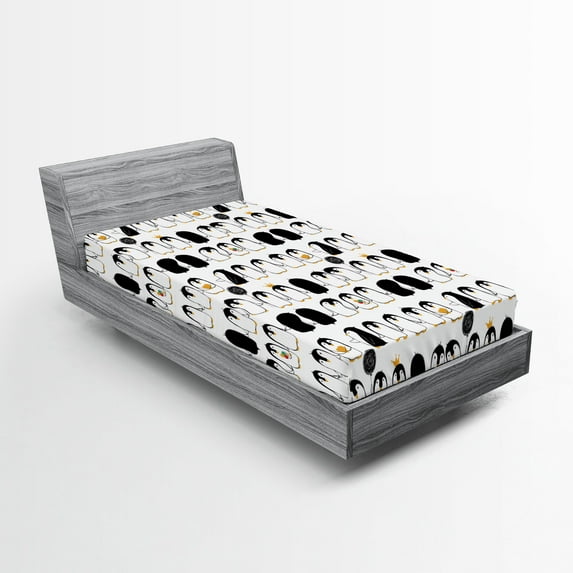 Ambesonne Penguins Fitted Sheet 2 Pcs Set, Animal Love, Twin, Charcoal Grey Marigold