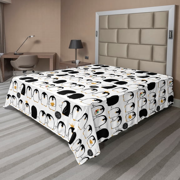 Ambesonne Penguins Flat Sheet, Animal Love, Queen Size, Charcoal Grey Marigold