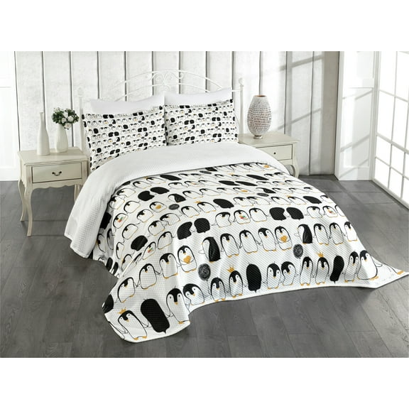 Ambesonne Penguins Quilted Bedspread Set 3 Pcs, Animal Love, King Size, Charcoal Grey Marigold