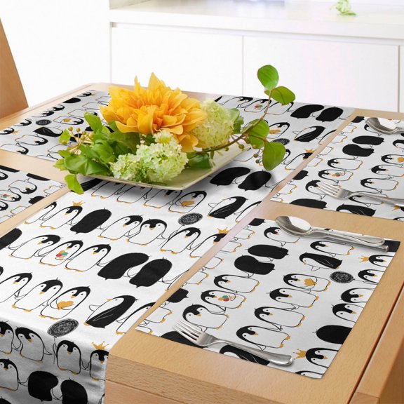 Ambesonne Penguins Table Runner & Placemats, Animal Love, Placemat 4 pcs + Runner 12"x90", Charcoal Grey Marigold