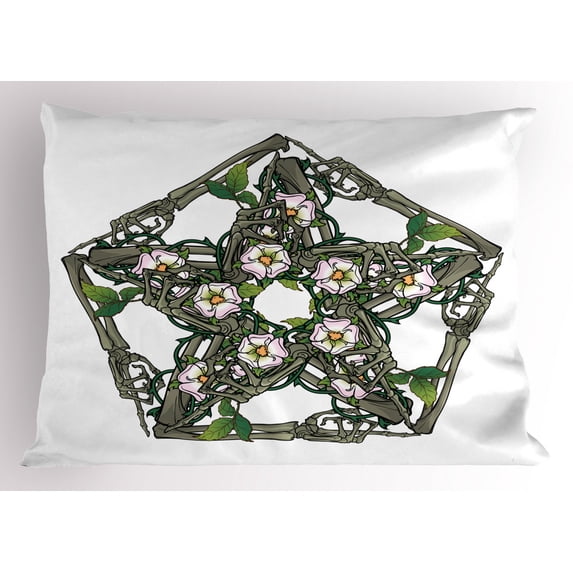 Ambesonne Pentacle Pillow Sham, Skeleton Bones and Flowers, 26" X 20", Slate Brown Multicolor
