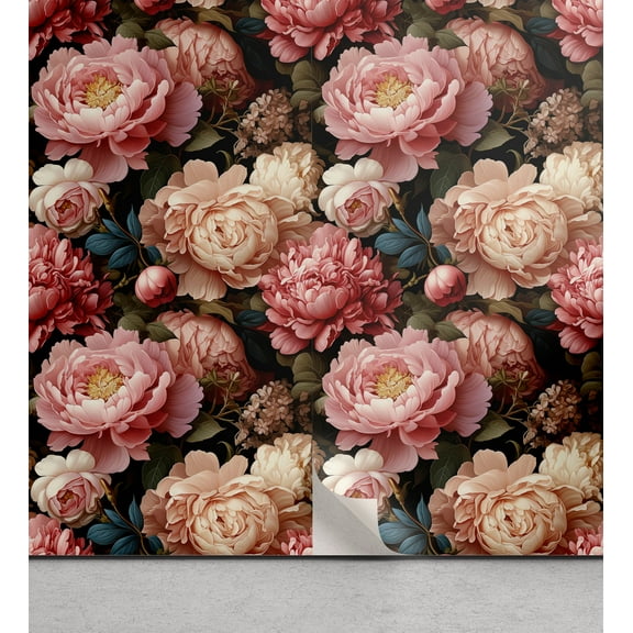 Ambesonne Peonies Peel & Stick Wallpaper for Home, Classic Mural Like Flowers, 13"x100", Pale Pink Green Brown