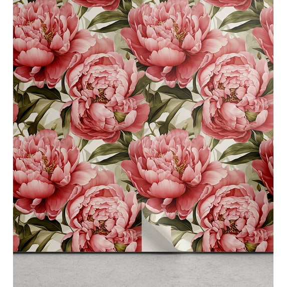 Ambesonne Peonies Peel & Stick Wallpaper for Home, Watercolor Floral Leafy Art, 13"x36", Olive Green and Pastel Pink