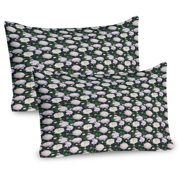 Ambesonne Peonies Pillow Sham 2 Pack, Vintage Spring Blossoms, 30"x20", Dark Grey Green