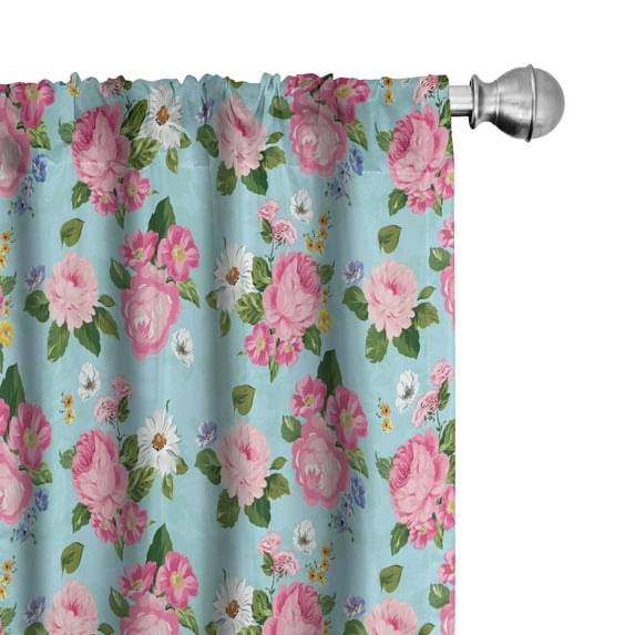 Ambesonne Peony Window Curtains, Colorful Flowers Bouquet Art, Each 28" W x 84" L, Blue Rose