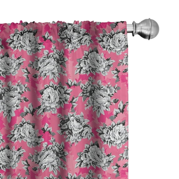 Ambesonne Peony Window Curtains, Greyscale Flower Chintz Rose, Each 28" W x 95" L, Hot Pink Pastel Pink
