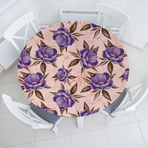 Ambesonne Peony Art Fitted Round Tablecloth, Flowers Boho Aquarelle, 45"- 56" Diameter, Blush Blue Violet Fawn
