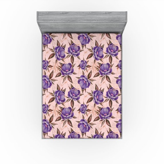 Ambesonne Peony Art Fitted Sheet, Flowers Boho Aquarelle, California King, Blush Blue Violet Fawn
