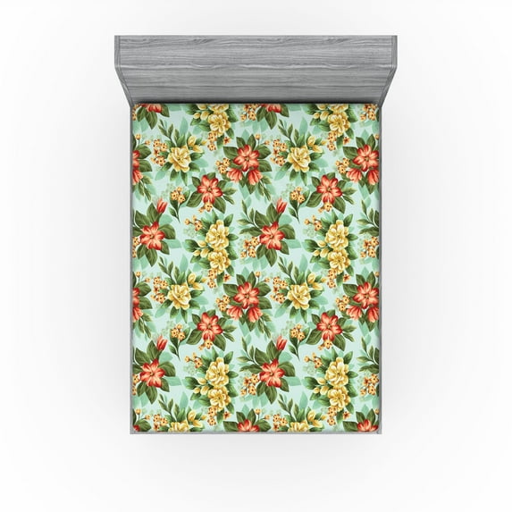 Ambesonne Peony Artwork Fitted Sheet, Bohemian Garden Art, Full Size, Vermilion Forest Green