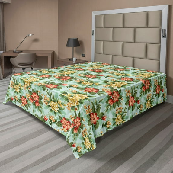 Ambesonne Peony Artwork Flat Bedding Sheet Soft Top Sheet, Bohemian Garden Art, Queen, Vermilion Forest Green