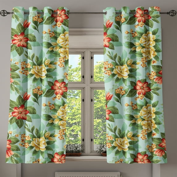 Ambesonne Peony Artwork Grommet Curtain, Bohemian Garden Art, 50"x63", Vermilion Forest Green