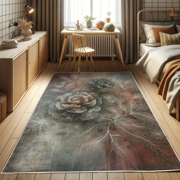 Ambesonne Peony Decorative Rug Carpet, Melancholic Modern Flowers, 2' 5" x 5', Pale Ruby Dark Sea Green
