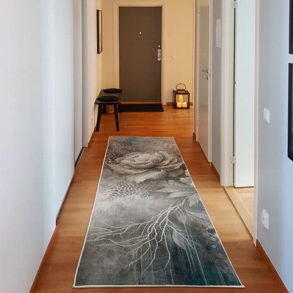 Ambesonne Peony Decorative Rug Carpet, Witchy Floral Grunge Tones, 2' 5" x 7' 5", Blue Grey Dark Teal Beige