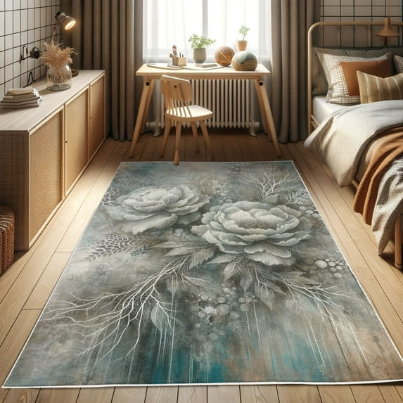 Ambesonne Peony Decorative Rug Carpet, Witchy Floral Grunge Tones, 5' 1" X 7' 5", Blue Grey Dark Teal Beige