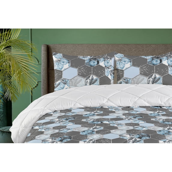 Ambesonne Peony Down Alternative Quilt Comforter, Beehive Hexagon Floral Scene, Twin XL, Pale Azure Blue Taupe